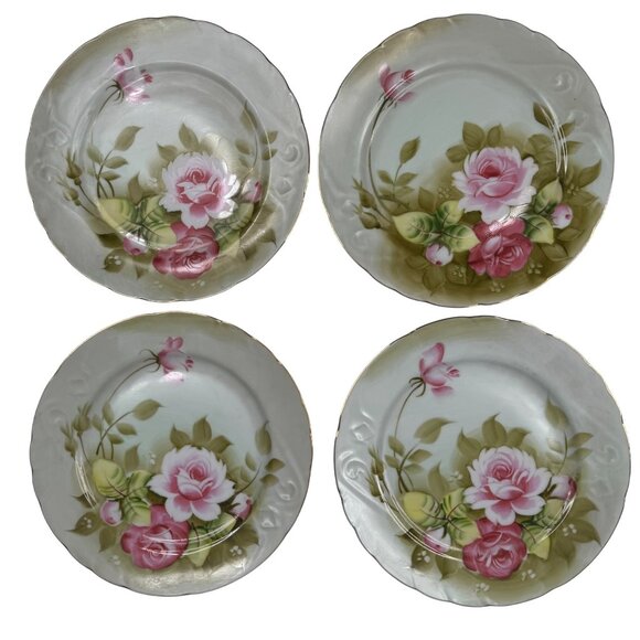 Lefton China Plate 3069 Hand Painted Floral Decorative Set of 4 Whimsical Rose - Picture 1 of 16